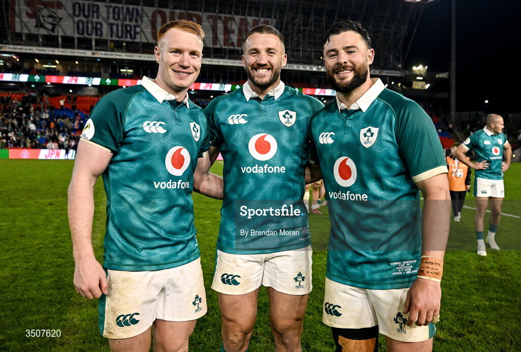 11 July 2026; Ireland players, from left, Ciarán Frawley, Stuart McCloskey and Robbie Henshaw after the 2026 Nations Championship Round Two match between Japan and Ireland at McDonald Jones Stadium in Newcastle, Australia. Photo by Brendan Moran/Sportsfile