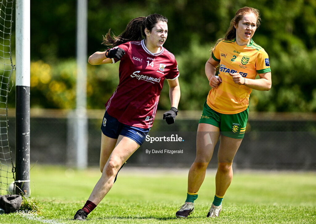 11 July 2026; Alisha O'Malley of Galway celebrates after scoring her side's second goal during the 2026 LGFA All-Ireland U20 final match between Donegal and Galway at Kilcoyne Memorial Park in Tubbercurry, Sligo. Photo by David Fitzgerald/Sportsfile