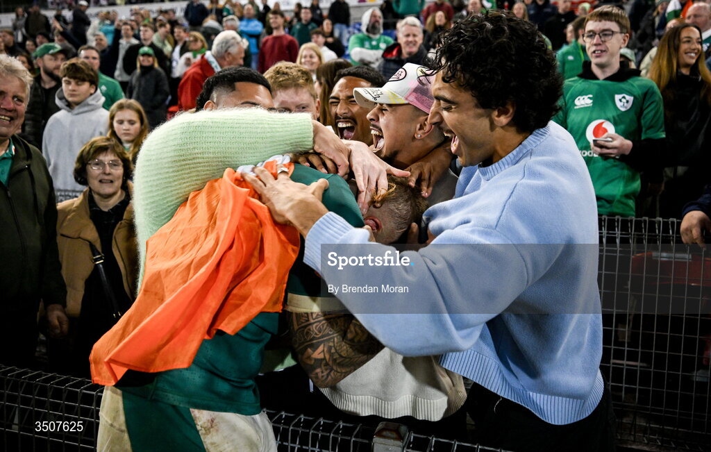 11 July 2026; Sean Jansen of Ireland with friends after the 2026 Nations Championship Round Two match between Japan and Ireland at McDonald Jones Stadium in Newcastle, Australia. Photo by Brendan Moran/Sportsfile