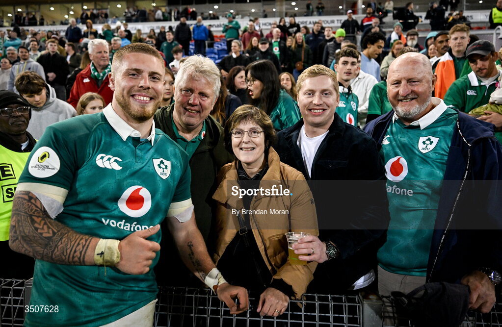 11 July 2026; Sean Jansen of Ireland with his family from left, father Fred, mother Kathleen, brother Ciarán and uncle Luke after the 2026 Nations Championship Round Two match between Japan and Ireland at McDonald Jones Stadium in Newcastle, Australia. Photo by Brendan Moran/Sportsfile