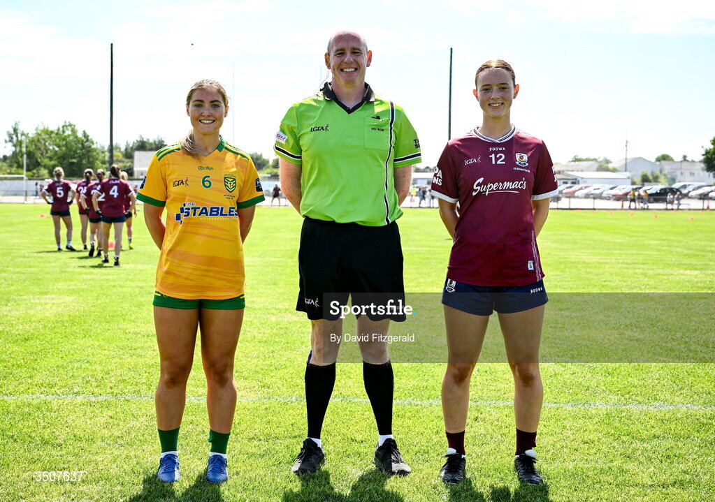 11 July 2026; Referee Paul McCaughey with team captains Tara Rose Mahon of Donegal and Klara Banek of Galway  before the 2026 LGFA All-Ireland U20 final match between Donegal and Galway at Kilcoyne Memorial Park in Tubbercurry, Sligo. Photo by David Fitzgerald/Sportsfile