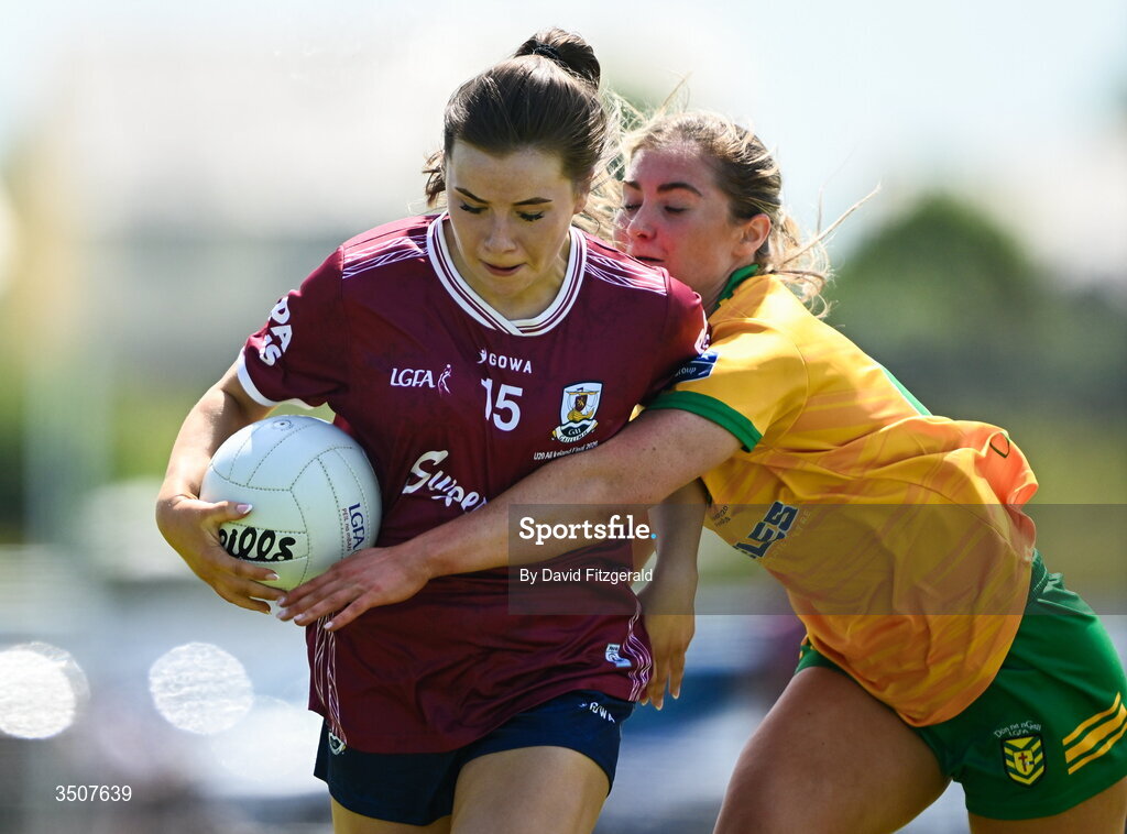 11 July 2026; Ava Heneghan of Galway in action against Tara Rose Mahon of Donegal during the 2026 LGFA All-Ireland U20 final match between Donegal and Galway at Kilcoyne Memorial Park in Tubbercurry, Sligo. Photo by David Fitzgerald/Sportsfile