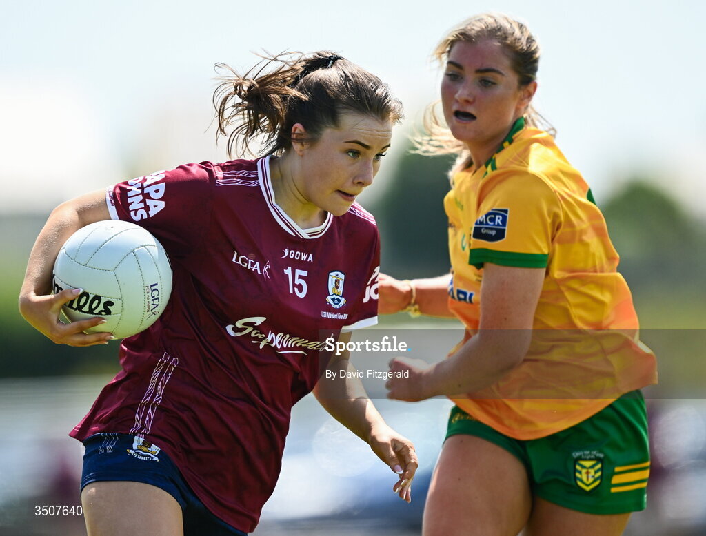 11 July 2026; Ava Heneghan of Galway in action against Tara Rose Mahon of Donegal during the 2026 LGFA All-Ireland U20 final match between Donegal and Galway at Kilcoyne Memorial Park in Tubbercurry, Sligo. Photo by David Fitzgerald/Sportsfile