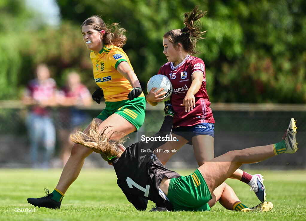 11 July 2026; Ava Heneghan of Galway in action against Ellie McGarvey of Donegal during the 2026 LGFA All-Ireland U20 final match between Donegal and Galway at Kilcoyne Memorial Park in Tubbercurry, Sligo. Photo by David Fitzgerald/Sportsfile