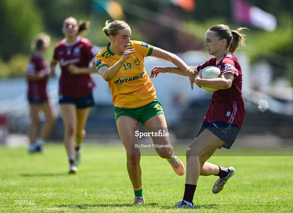 11 July 2026; Katie Slattery of Galway in action against Maria Ní Ghallachóir of Donegal during the 2026 LGFA All-Ireland U20 final match between Donegal and Galway at Kilcoyne Memorial Park in Tubbercurry, Sligo. Photo by David Fitzgerald/Sportsfile