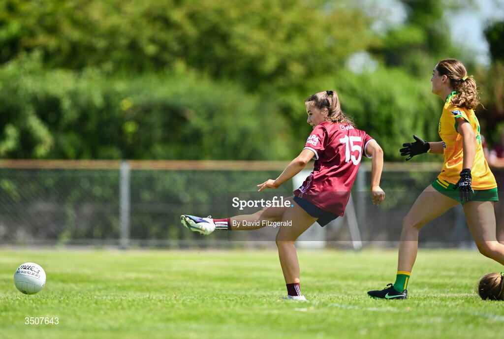 11 July 2026; Ava Heneghan of Galway shoots to score her side's third goal during the 2026 LGFA All-Ireland U20 final match between Donegal and Galway at Kilcoyne Memorial Park in Tubbercurry, Sligo. Photo by David Fitzgerald/Sportsfile