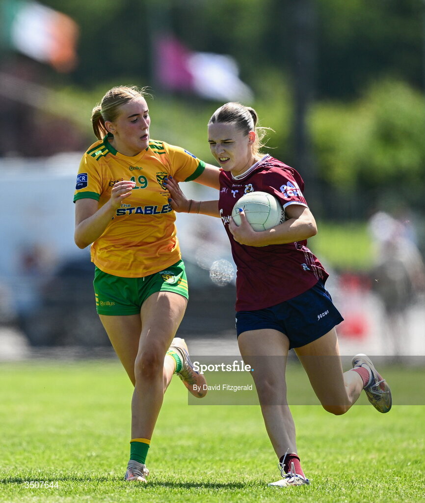 11 July 2026; Katie Slattery of Galway in action against Maria Ní Ghallachóir of Donegal during the 2026 LGFA All-Ireland U20 final match between Donegal and Galway at Kilcoyne Memorial Park in Tubbercurry, Sligo. Photo by David Fitzgerald/Sportsfile