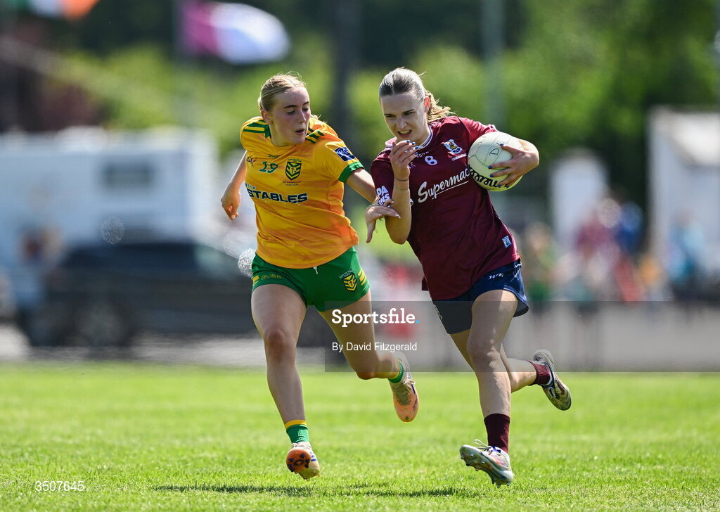 11 July 2026; Katie Slattery of Galway in action against Maria Ní Ghallachóir of Donegal during the 2026 LGFA All-Ireland U20 final match between Donegal and Galway at Kilcoyne Memorial Park in Tubbercurry, Sligo. Photo by David Fitzgerald/Sportsfile