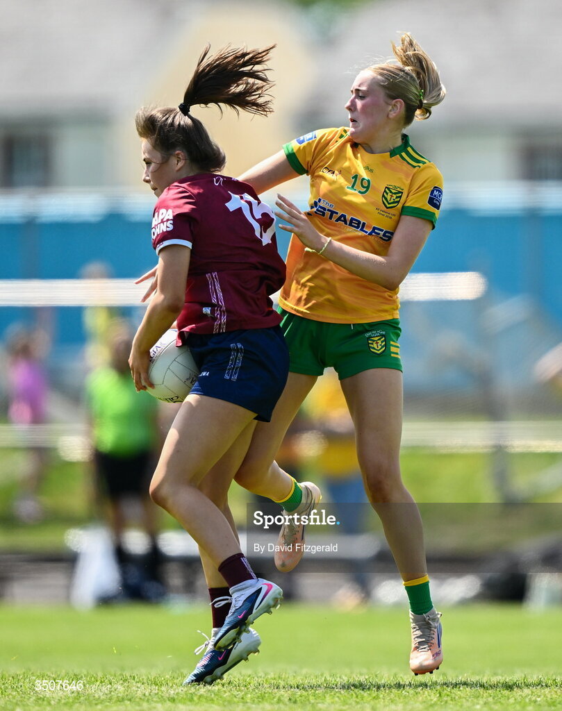 11 July 2026; Ava Heneghan of Galway in action against Maria Ní Ghallachóir of Donegal during the 2026 LGFA All-Ireland U20 final match between Donegal and Galway at Kilcoyne Memorial Park in Tubbercurry, Sligo. Photo by David Fitzgerald/Sportsfile