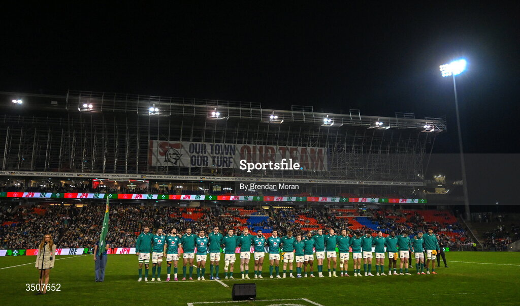 11 July 2026; Ireland players line-up on the pitch before the 2026 Nations Championship Round Two match between Japan and Ireland at McDonald Jones Stadium in Newcastle, Australia. Photo by Brendan Moran/Sportsfile