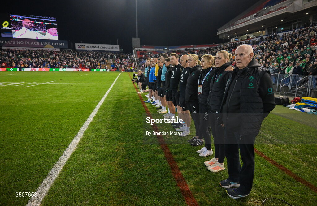 11 July 2026; Ireland backroom staff line-up for the national anthems before the 2026 Nations Championship Round Two match between Japan and Ireland at McDonald Jones Stadium in Newcastle, Australia. Photo by Brendan Moran/Sportsfile