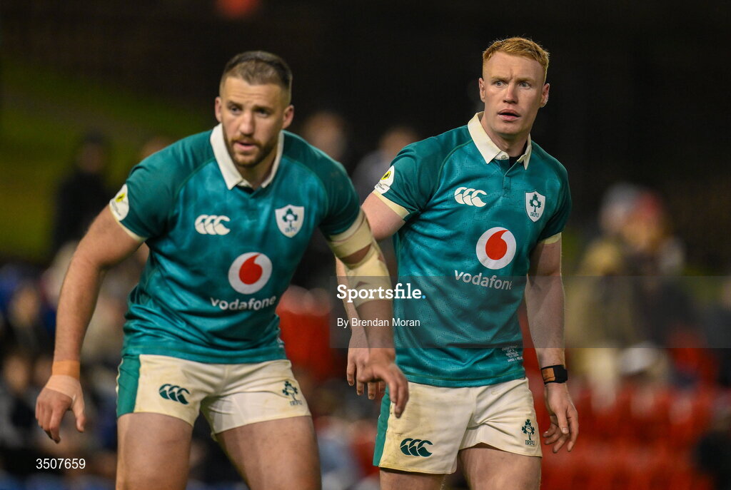 11 July 2026; Ciarán Frawley, right, and Stuart McCloskey of Ireland during the 2026 Nations Championship Round Two match between Japan and Ireland at McDonald Jones Stadium in Newcastle, Australia. Photo by Brendan Moran/Sportsfile