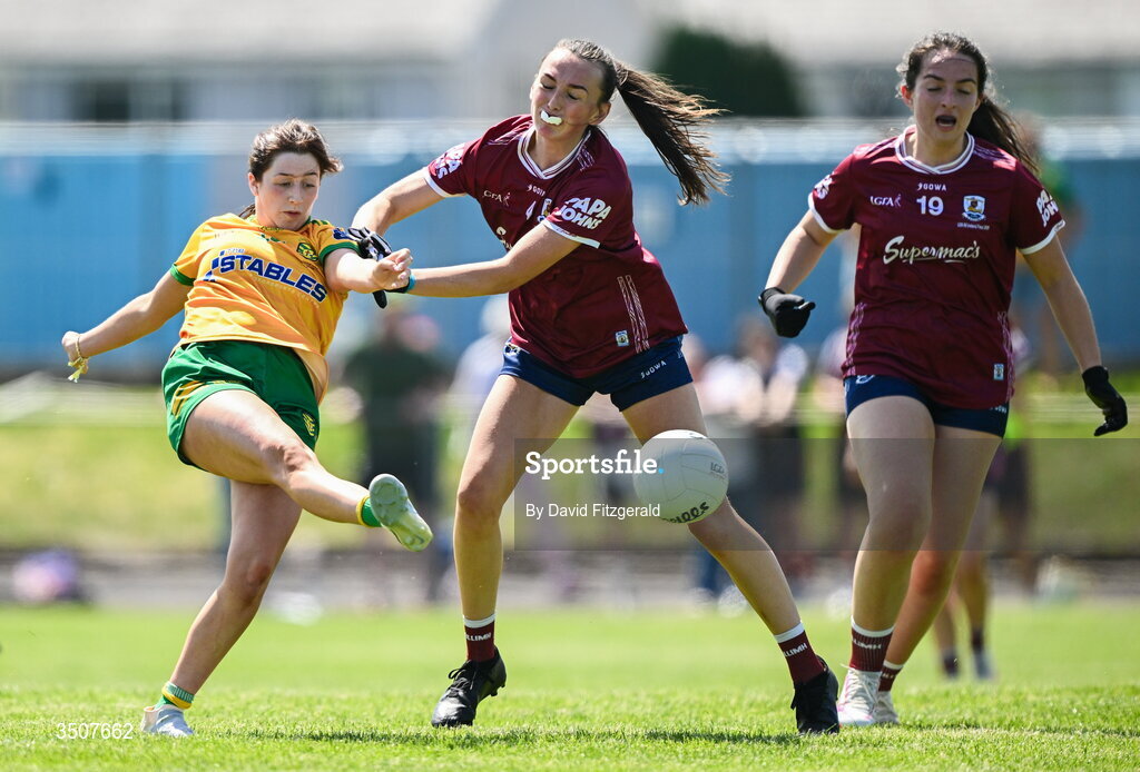 11 July 2026; Caitlin Fletcher of Donegal shoots to score her side's first goal during the 2026 LGFA All-Ireland U20 final match between Donegal and Galway at Kilcoyne Memorial Park in Tubbercurry, Sligo. Photo by David Fitzgerald/Sportsfile