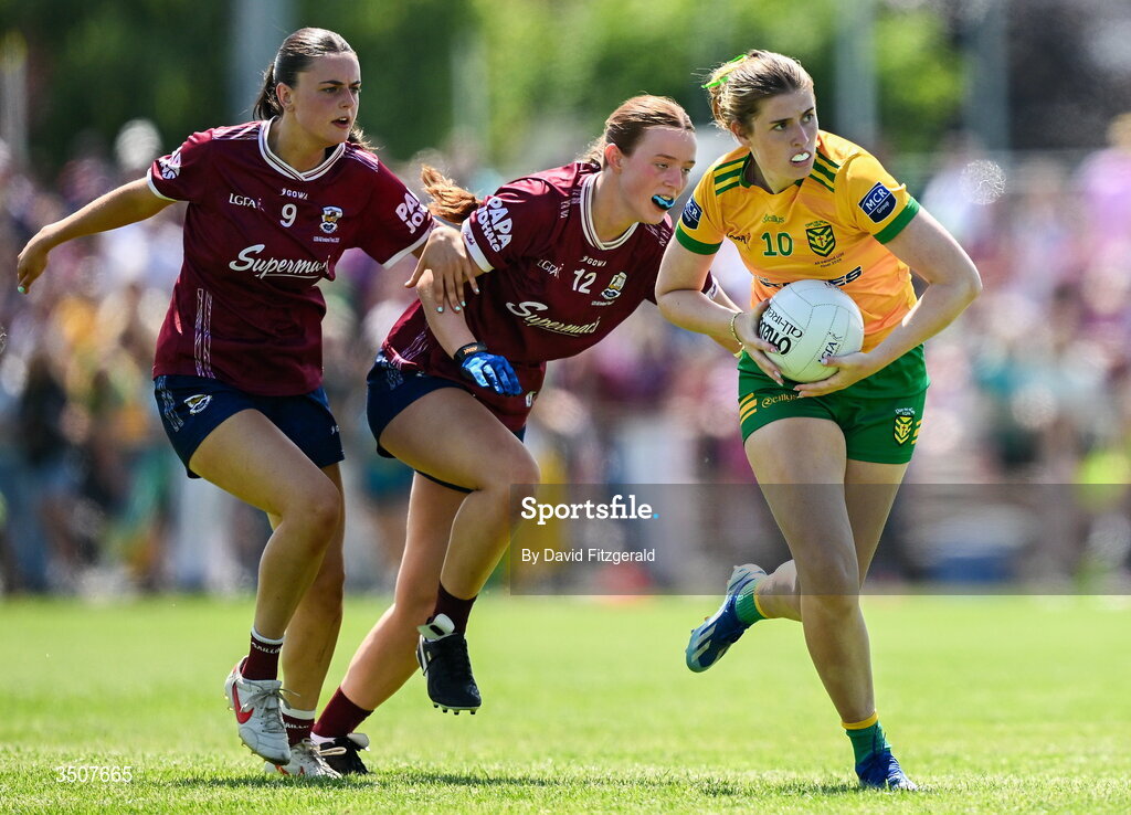 11 July 2026; Chole Costello of Donegal in action against Klara Banek of Galway during the 2026 LGFA All-Ireland U20 final match between Donegal and Galway at Kilcoyne Memorial Park in Tubbercurry, Sligo. Photo by David Fitzgerald/Sportsfile