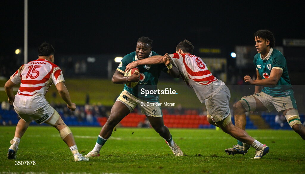 11 July 2026; Sam Illo of Ireland is tackled by Jack Cornelsen of Japan during the 2026 Nations Championship Round Two match between Japan and Ireland at McDonald Jones Stadium in Newcastle, Australia. Photo by Brendan Moran/Sportsfile