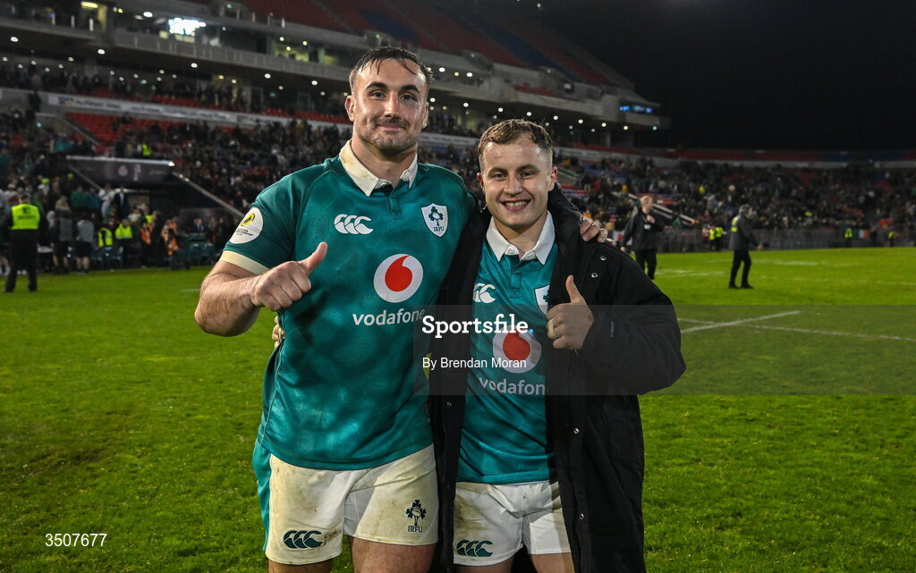 11 July 2026; Rónan Kelleher, left, and Craig Casey of Ireland after the 2026 Nations Championship Round Two match between Japan and Ireland at McDonald Jones Stadium in Newcastle, Australia. Photo by Brendan Moran/Sportsfile