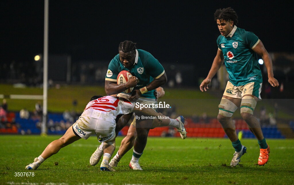 11 July 2026; Sam Illo of Ireland is tackled by Takuro Matsunaga of Japan during the 2026 Nations Championship Round Two match between Japan and Ireland at McDonald Jones Stadium in Newcastle, Australia. Photo by Brendan Moran/Sportsfile