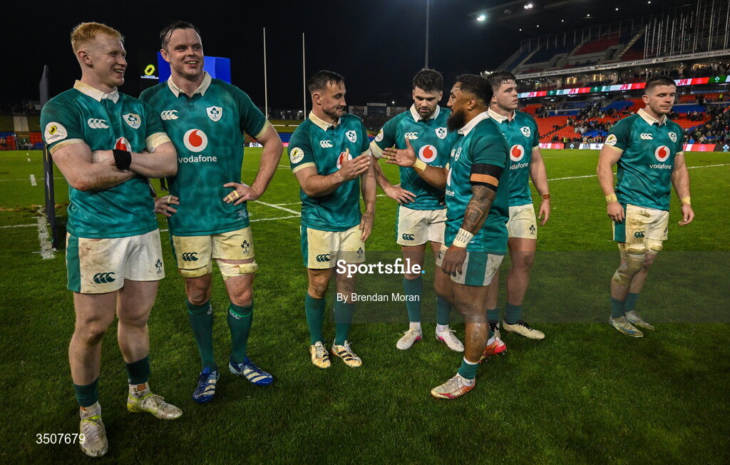 11 July 2026; Ireland players, from left, Jamie Osborne, James Ryan, Rónan Kelleher, Harry Byrne, Bundee Aki, Billy Bohan and Nick Timoney after the 2026 Nations Championship Round Two match between Japan and Ireland at McDonald Jones Stadium in Newcastle, Australia. Photo by Brendan Moran/Sportsfile