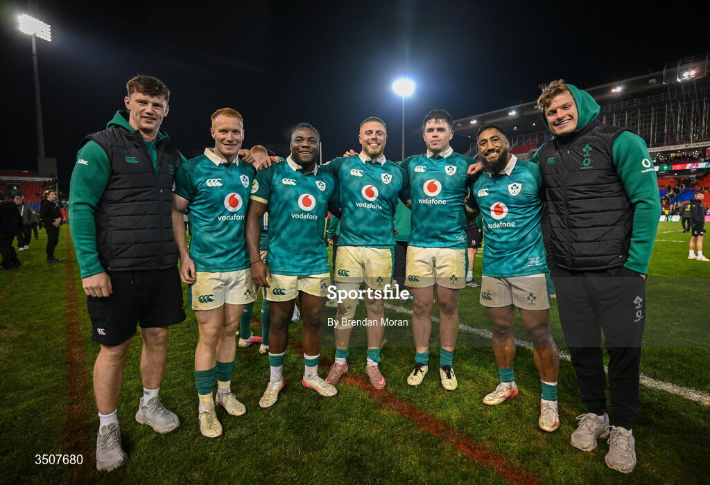 11 July 2026; Ireland players, from left, Darragh Murray, Ciarán Frawley, Sam Illo, Sean Jansen, Billy Bohan, Bundee Aki and Cian Prendergast after the 2026 Nations Championship Round Two match between Japan and Ireland at McDonald Jones Stadium in Newcastle, Australia. Photo by Brendan Moran/Sportsfile
