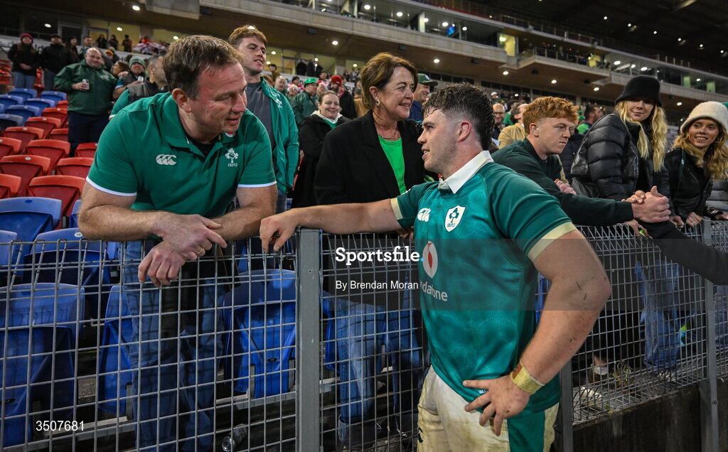 11 July 2026; Billy Bohan of Ireland with his father Enda during the 2026 Nations Championship Round Two match between Japan and Ireland at McDonald Jones Stadium in Newcastle, Australia. Photo by Brendan Moran/Sportsfile