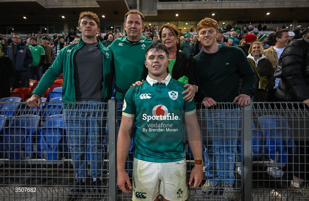11 July 2026; Billy Bohan of Ireland with his family, parents Enda and Amanda and brothers Jamie and Tom after the 2026 Nations Championship Round Two match between Japan and Ireland at McDonald Jones Stadium in Newcastle, Australia. Photo by Brendan Moran/Sportsfile
