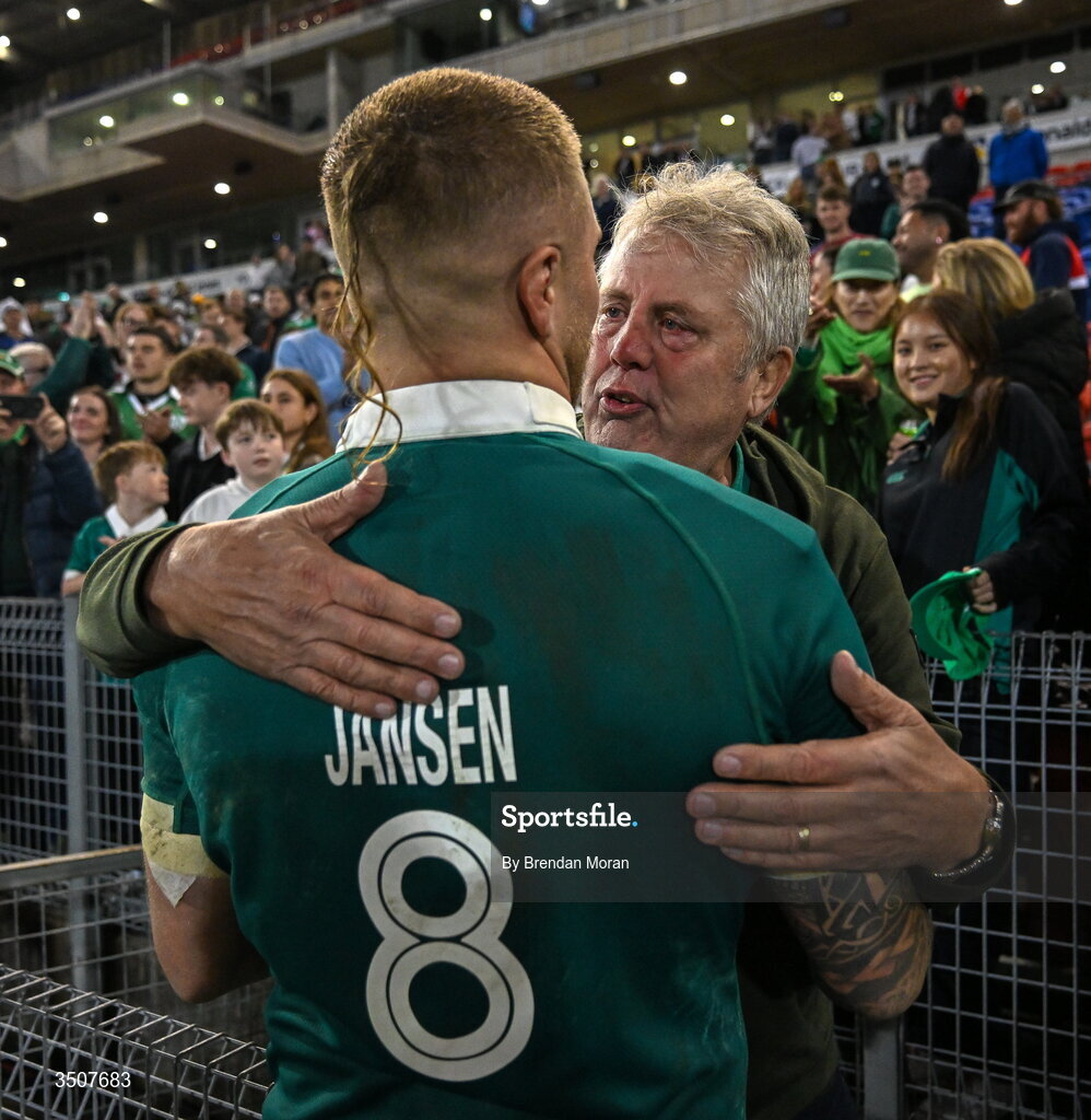 11 July 2026; Sean Jansen of Ireland with his father Fred after the 2026 Nations Championship Round Two match between Japan and Ireland at McDonald Jones Stadium in Newcastle, Australia. Photo by Brendan Moran/Sportsfile