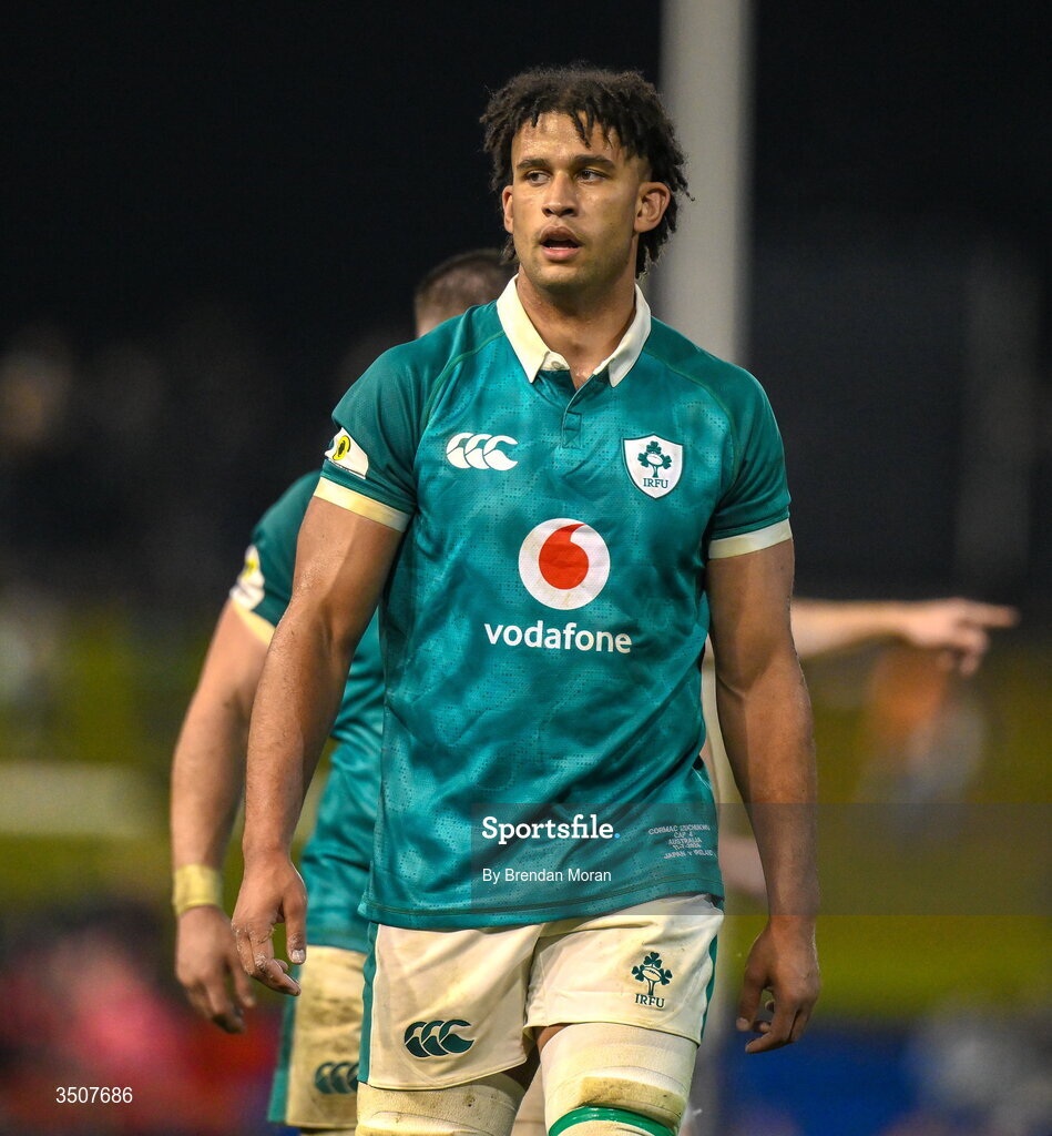 11 July 2026; Cormac Izuchukwu of Ireland during the 2026 Nations Championship Round Two match between Japan and Ireland at McDonald Jones Stadium in Newcastle, Australia. Photo by Brendan Moran/Sportsfile
