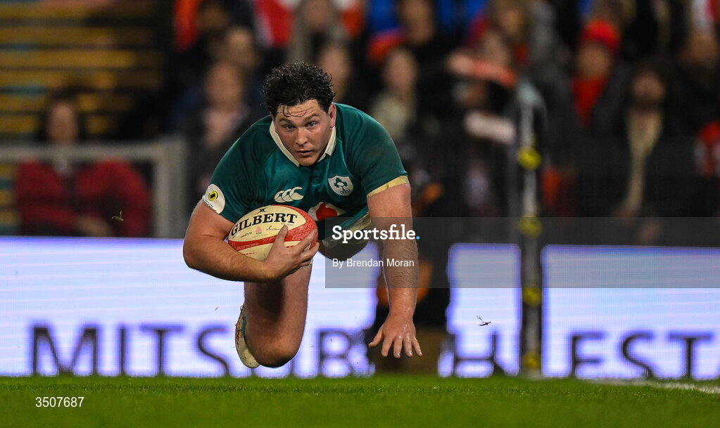 11 July 2026; Tom Stewart of Ireland dives over to score Ireland's last try during the 2026 Nations Championship Round Two match between Japan and Ireland at McDonald Jones Stadium in Newcastle, Australia. Photo by Brendan Moran/Sportsfile