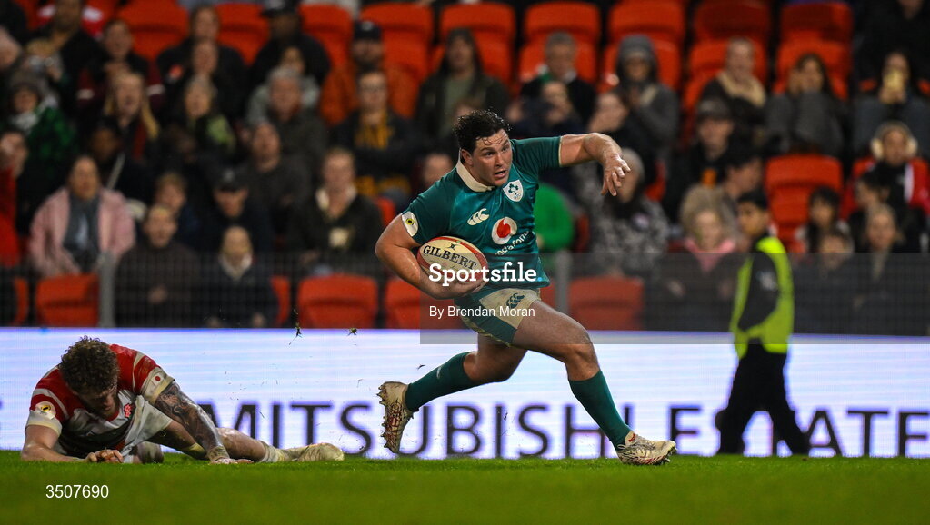 11 July 2026; Tom Stewart of Ireland runs in Ireland's last try during the 2026 Nations Championship Round Two match between Japan and Ireland at McDonald Jones Stadium in Newcastle, Australia. Photo by Brendan Moran/Sportsfile