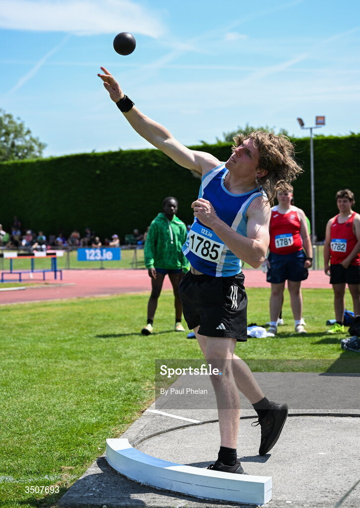 11 July 2026; Fionn Liam Deutinger Gillard of South Galway A.C. competes in the U18 boy's Shot Put during day three of the 123.ie National Championships at Tullamore Harriers Athletics Club in Tullamore, Offaly. Photo by Paul Phelan/Sportsfile
