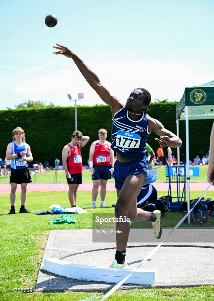 11 July 2026; Chucks Onyeka of Belgooly A.C. competes in the U18 boy's Shot Put during day three of the 123.ie National Championships at Tullamore Harriers Athletics Club in Tullamore, Offaly. Photo by Paul Phelan/Sportsfile