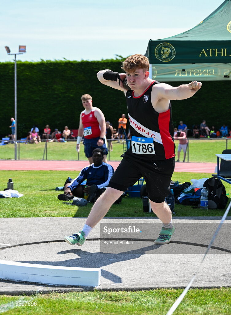 11 July 2026; Cathal Mc Nicholas of Swinford A.C. competes in the U18 boy's Shot Put during day three of the 123.ie National Championships at Tullamore Harriers Athletics Club in Tullamore, Offaly. Photo by Paul Phelan/Sportsfile