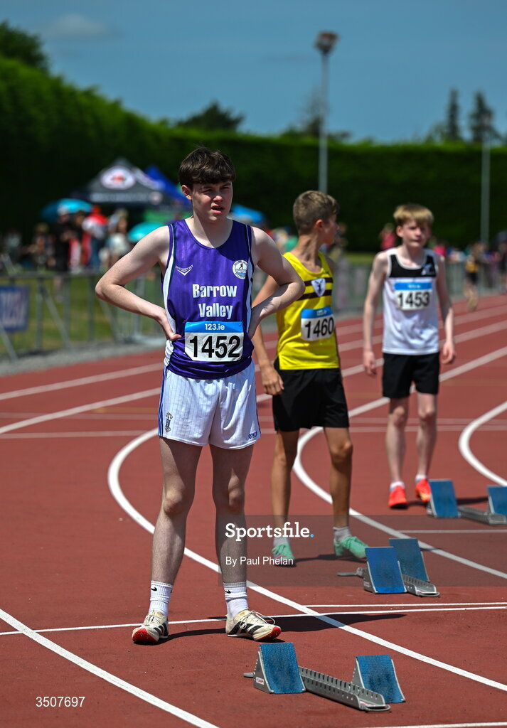 11 July 2026; Billy Óg Forde of Barrow Valley A.C. before a U14 boy's 200m heat during day three of the 123.ie National Championships at Tullamore Harriers Athletics Club in Tullamore, Offaly. Photo by Paul Phelan/Sportsfile