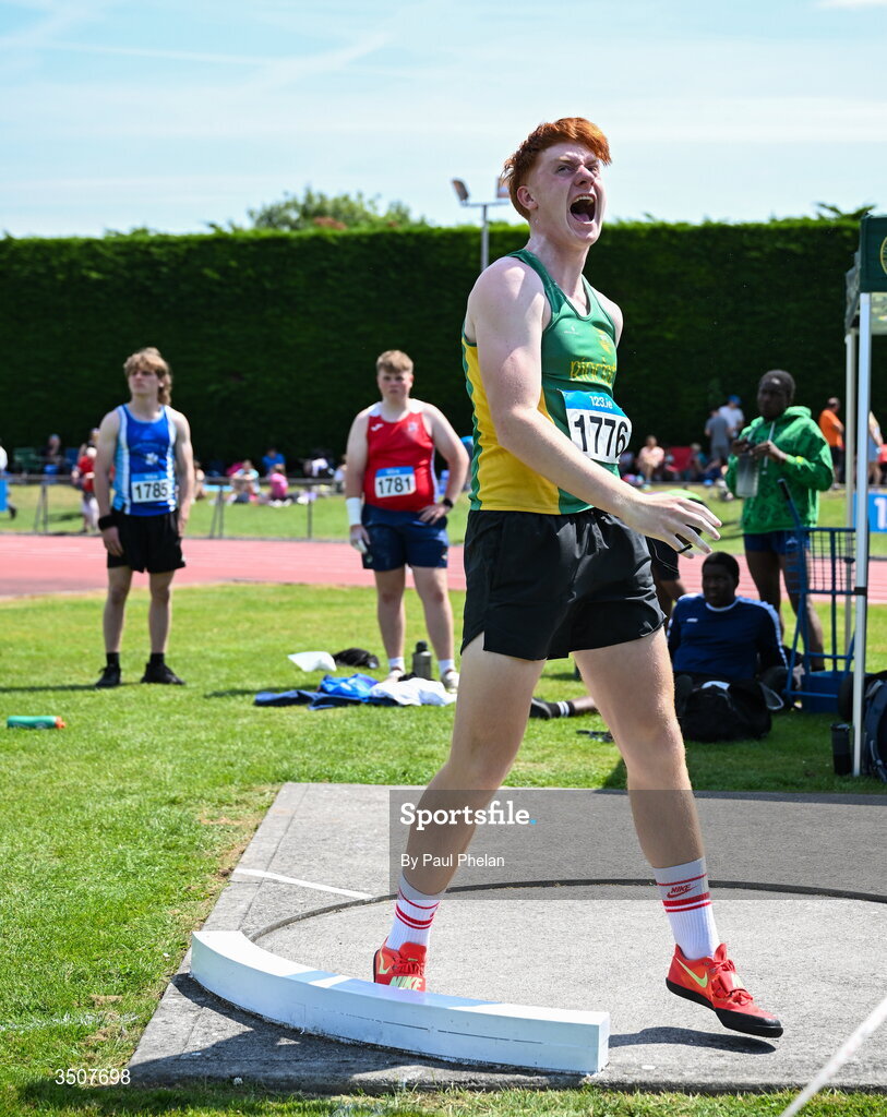 11 July 2026; Liam Rohan of An Ríocht A.C. competes in the U18 boy's Shot Put during day three of the 123.ie National Championships at Tullamore Harriers Athletics Club in Tullamore, Offaly. Photo by Paul Phelan/Sportsfile