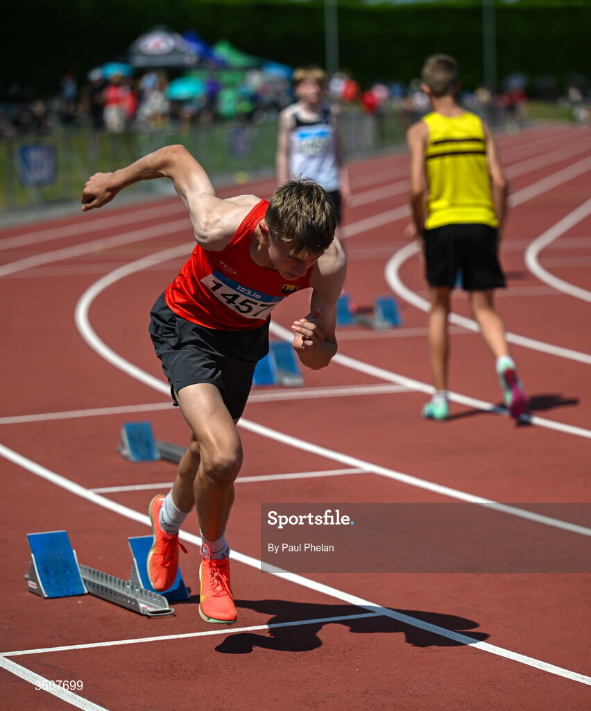 11 July 2026; Cathal Jordan Breatnach of Cork City A.C. before a U14 boy's 200m heat during day three of the 123.ie National Championships at Tullamore Harriers Athletics Club in Tullamore, Offaly. Photo by Paul Phelan/Sportsfile