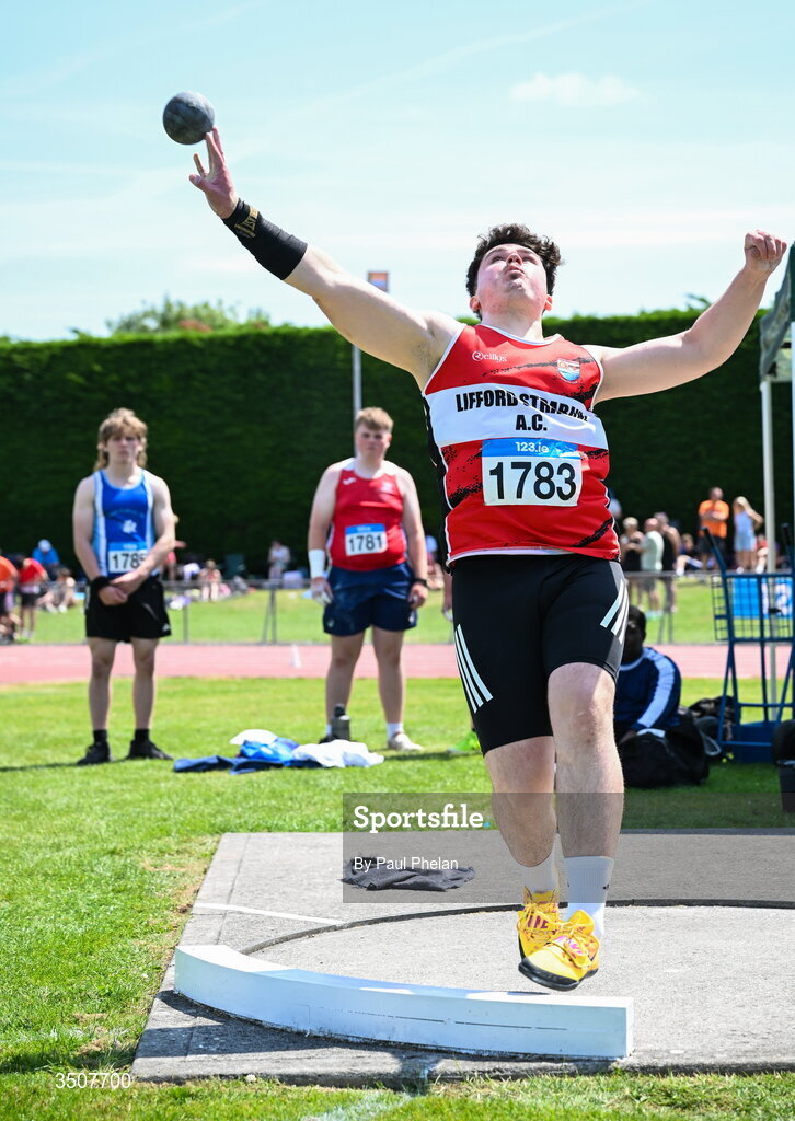 11 July 2026; Spencer Cole of Lifford Strabane A.C. competes in the U18 boy's Shot Put during day three of the 123.ie National Championships at Tullamore Harriers Athletics Club in Tullamore, Offaly. Photo by Paul Phelan/Sportsfile