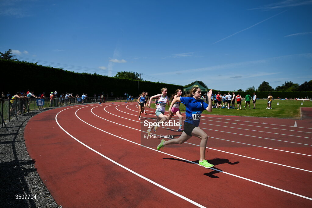11 July 2026; A U14 girl's 200m heat during day three of the 123.ie National Championships at Tullamore Harriers Athletics Club in Tullamore, Offaly. Photo by Paul Phelan/Sportsfile