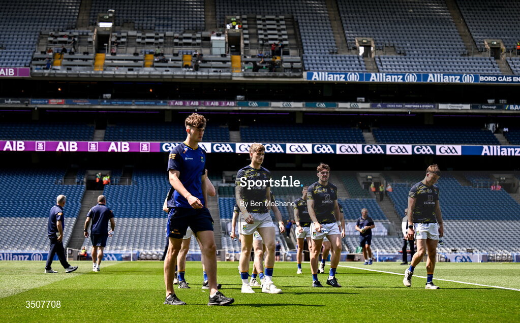 11 July 2026; Wicklow players inspect the pitch before the Tailteann Cup final match between Down and Wicklow at Croke Park in Dublin. Photo by Ben McShane/Sportsfile