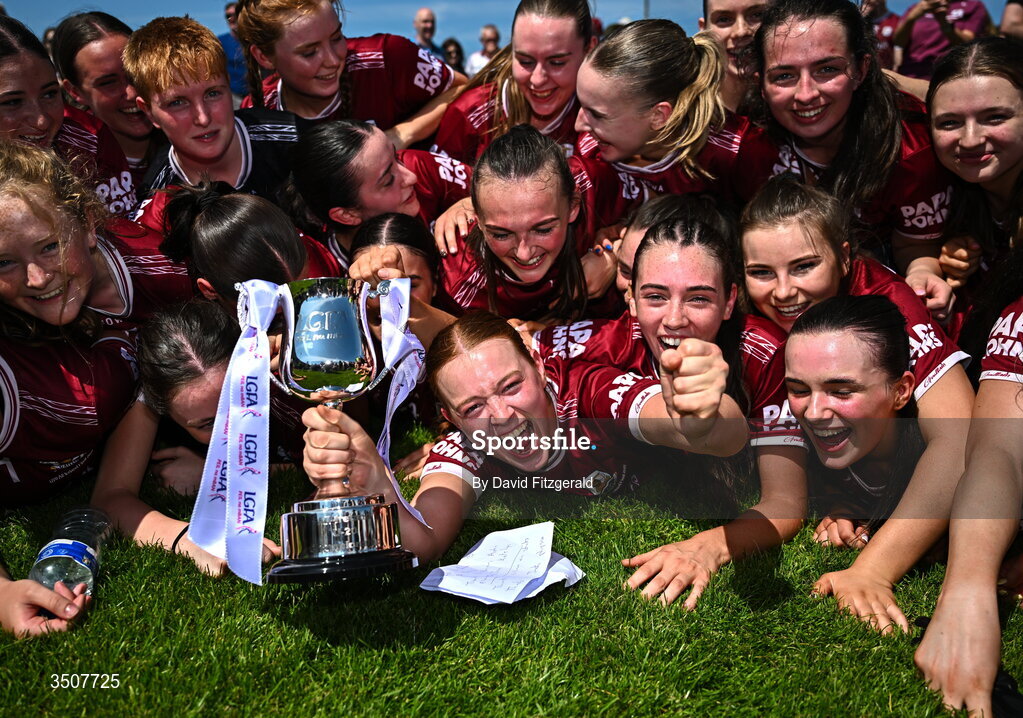 11 July 2026; Galway players celebrate with the cup after the 2026 LGFA All-Ireland U20 final match between Donegal and Galway at Kilcoyne Memorial Park in Tubbercurry, Sligo. Photo by David Fitzgerald/Sportsfile