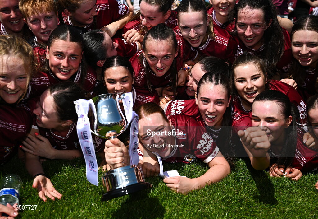11 July 2026; Galway players celebrate with the cup after the 2026 LGFA All-Ireland U20 final match between Donegal and Galway at Kilcoyne Memorial Park in Tubbercurry, Sligo. Photo by David Fitzgerald/Sportsfile