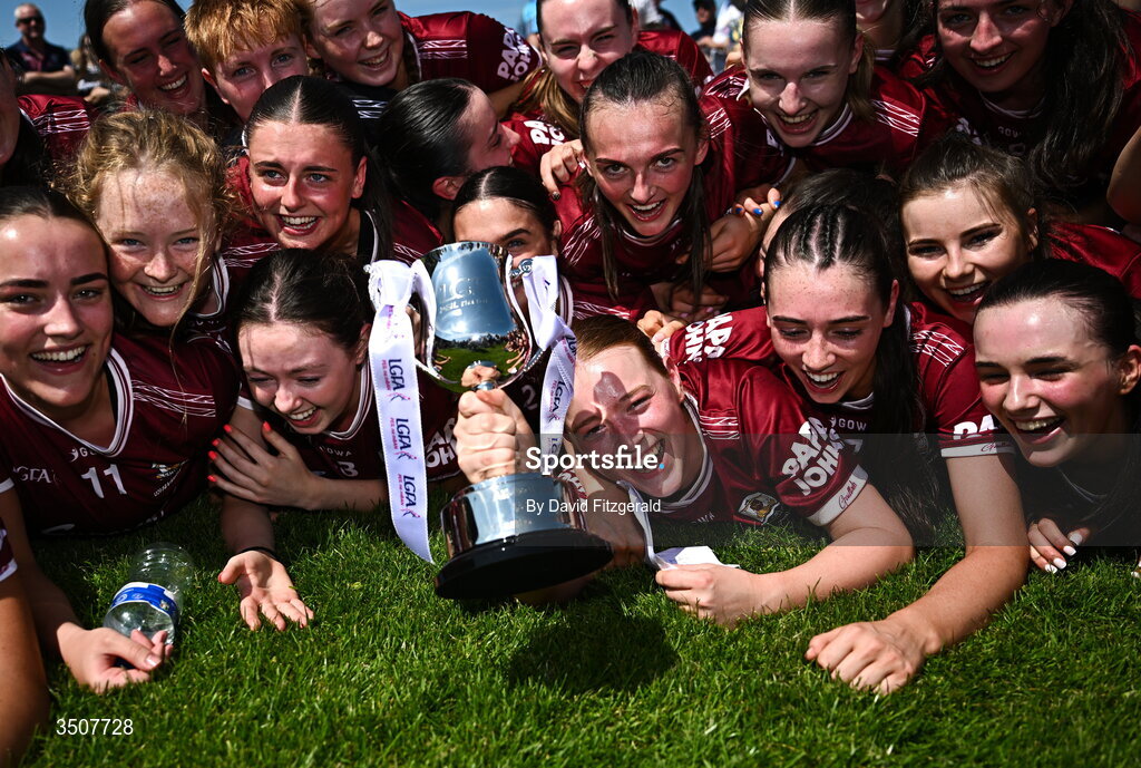 11 July 2026; Galway players celebrate with the cup after the 2026 LGFA All-Ireland U20 final match between Donegal and Galway at Kilcoyne Memorial Park in Tubbercurry, Sligo. Photo by David Fitzgerald/Sportsfile