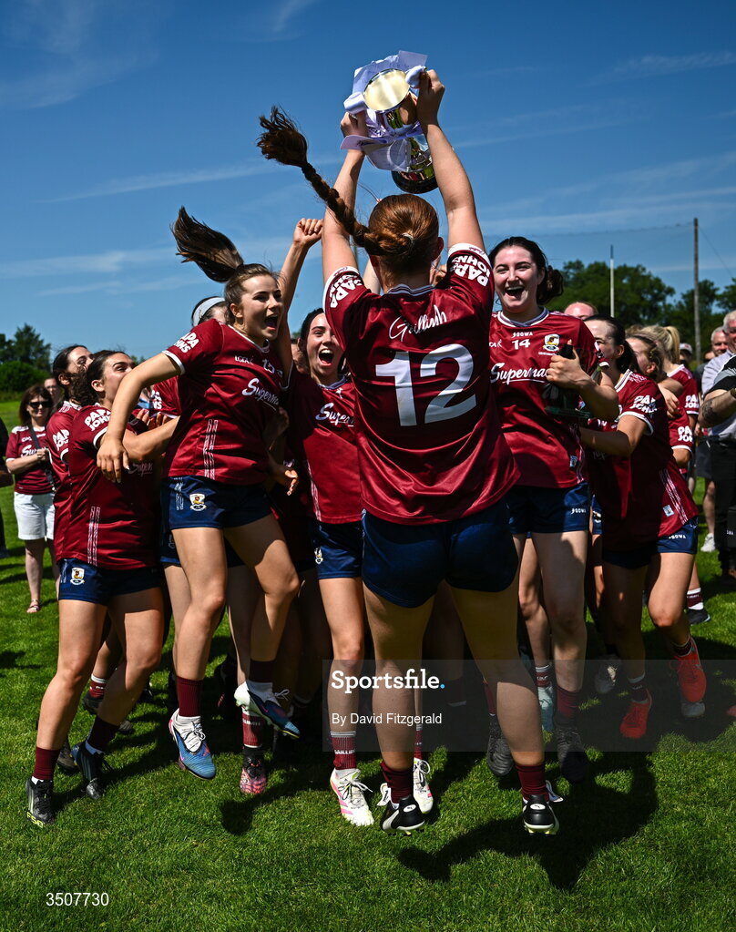 11 July 2026; Galway players celebrate with the cup after the 2026 LGFA All-Ireland U20 final match between Donegal and Galway at Kilcoyne Memorial Park in Tubbercurry, Sligo. Photo by David Fitzgerald/Sportsfile