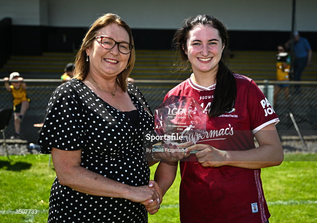 11 July 2026; Ladies Gaelic Football Association President, Trina Murray player of the match award to Alisha O'Malley of Galway after the 2026 LGFA All-Ireland U20 final match between Donegal and Galway at Kilcoyne Memorial Park in Tubbercurry, Sligo. Photo by David Fitzgerald/Sportsfile