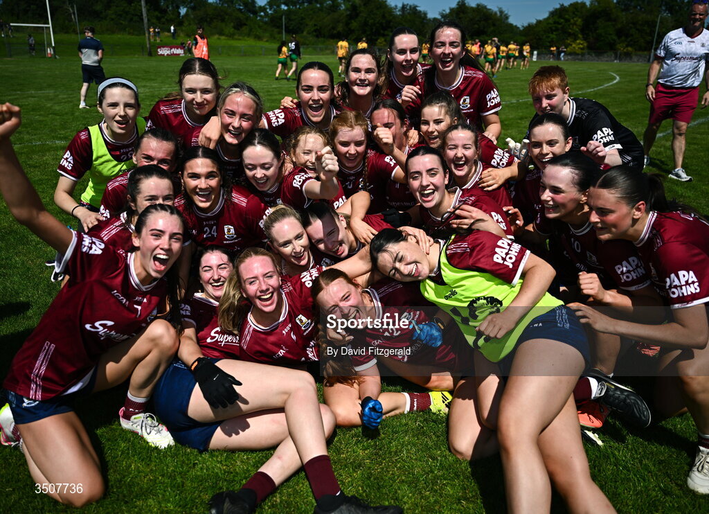 11 July 2026; Galway players celebrate after the 2026 LGFA All-Ireland U20 final match between Donegal and Galway at Kilcoyne Memorial Park in Tubbercurry, Sligo. Photo by David Fitzgerald/Sportsfile