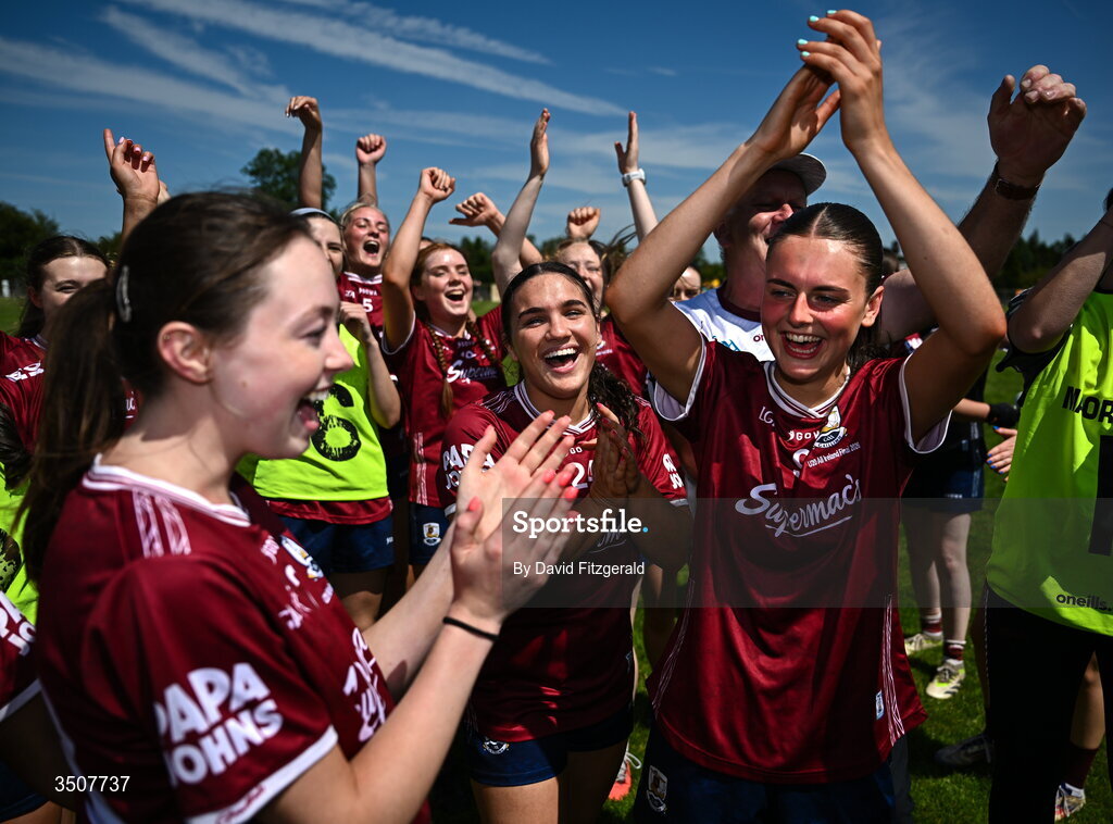 11 July 2026; Galway players celebrate after the 2026 LGFA All-Ireland U20 final match between Donegal and Galway at Kilcoyne Memorial Park in Tubbercurry, Sligo. Photo by David Fitzgerald/Sportsfile