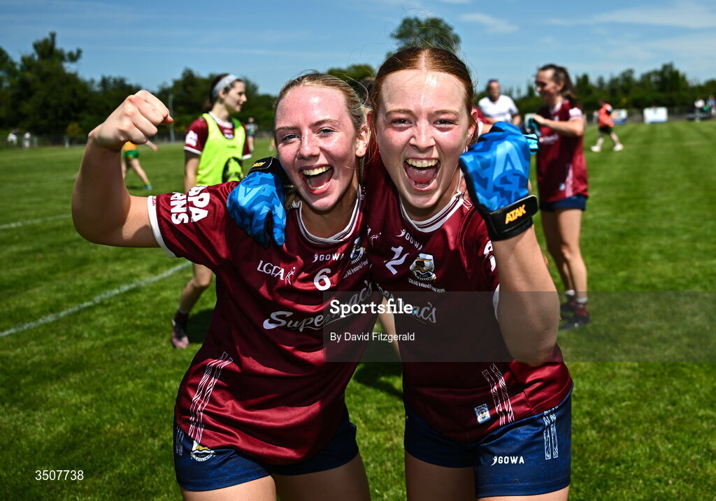 11 July 2026; Caoimhe McCabe, left, and Klara Banek of Galway celebrate after the 2026 LGFA All-Ireland U20 final match between Donegal and Galway at Kilcoyne Memorial Park in Tubbercurry, Sligo. Photo by David Fitzgerald/Sportsfile