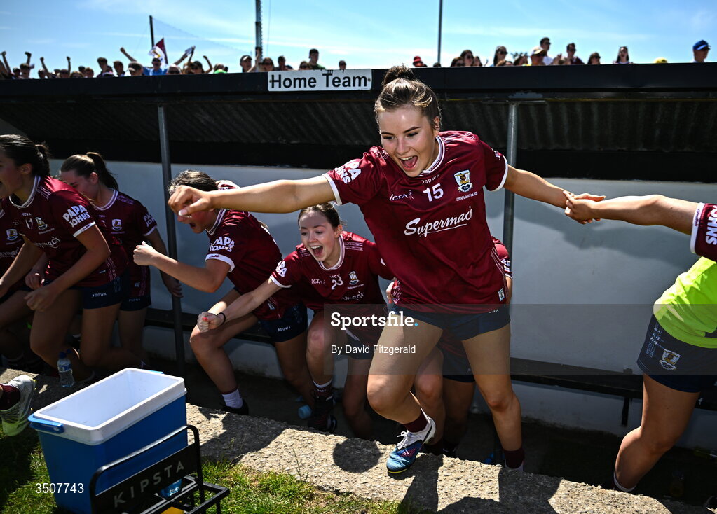 11 July 2026; Ava Heneghan of Galway, 15, and team mates run on from the subs bench to celebrate at the final whistle during the 2026 LGFA All-Ireland U20 final match between Donegal and Galway at Kilcoyne Memorial Park in Tubbercurry, Sligo. Photo by David Fitzgerald/Sportsfile