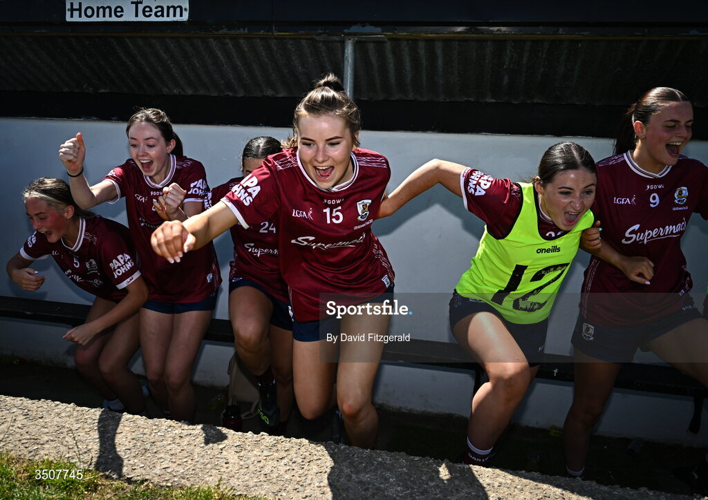 11 July 2026; Ava Heneghan of Galway, 15, and team mates run on from the subs bench to celebrate at the final whistle during the 2026 LGFA All-Ireland U20 final match between Donegal and Galway at Kilcoyne Memorial Park in Tubbercurry, Sligo. Photo by David Fitzgerald/Sportsfile