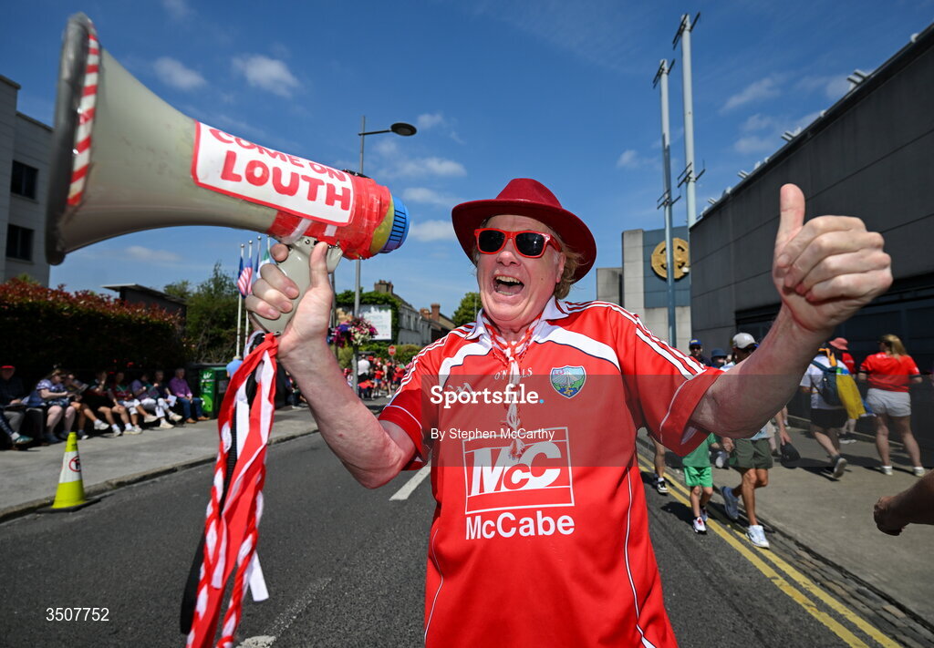 11 July 2026; Louth supporter Frank Godfrey, from Drogheda, before the GAA Football All-Ireland Senior Championship semi-final match between Mayo and Louth at Croke Park in Dublin. Photo by Stephen McCarthy/Sportsfile