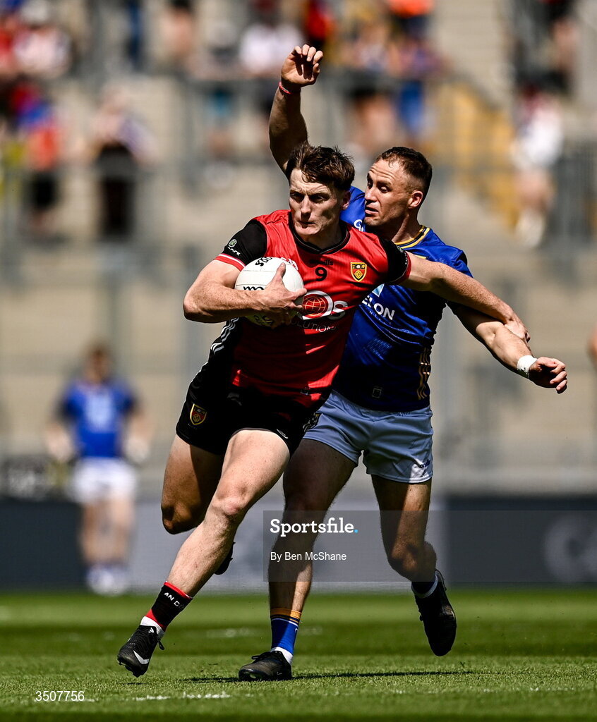 11 July 2026; Odhran Murdock of Down in action against Dean Healy of Wicklow during the Tailteann Cup final match between Down and Wicklow at Croke Park in Dublin. Photo by Ben McShane/Sportsfile